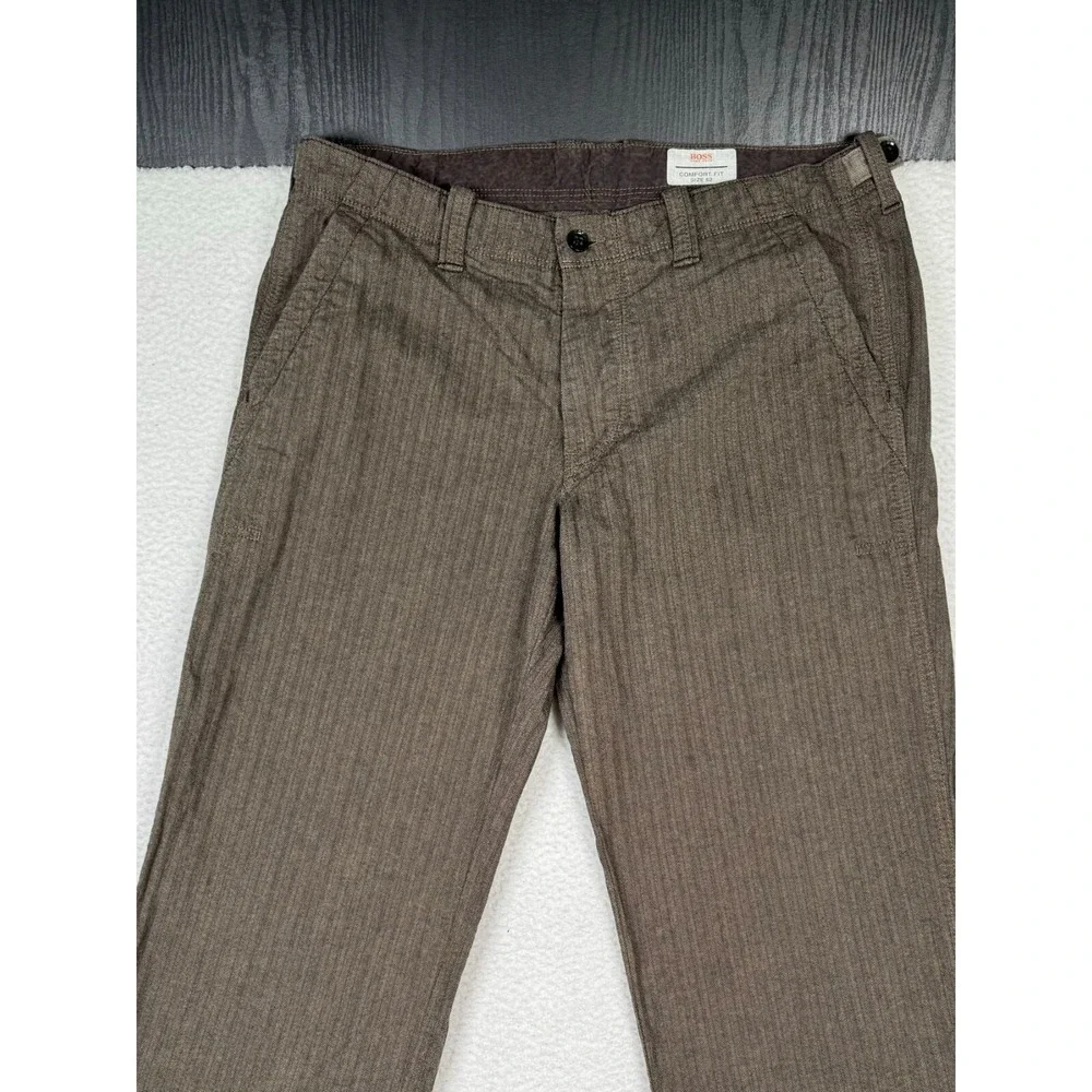 Hugo Boss Chino Pants Mens 52 Fits 34x32 Brown Herringbone Comfort Fit Golf